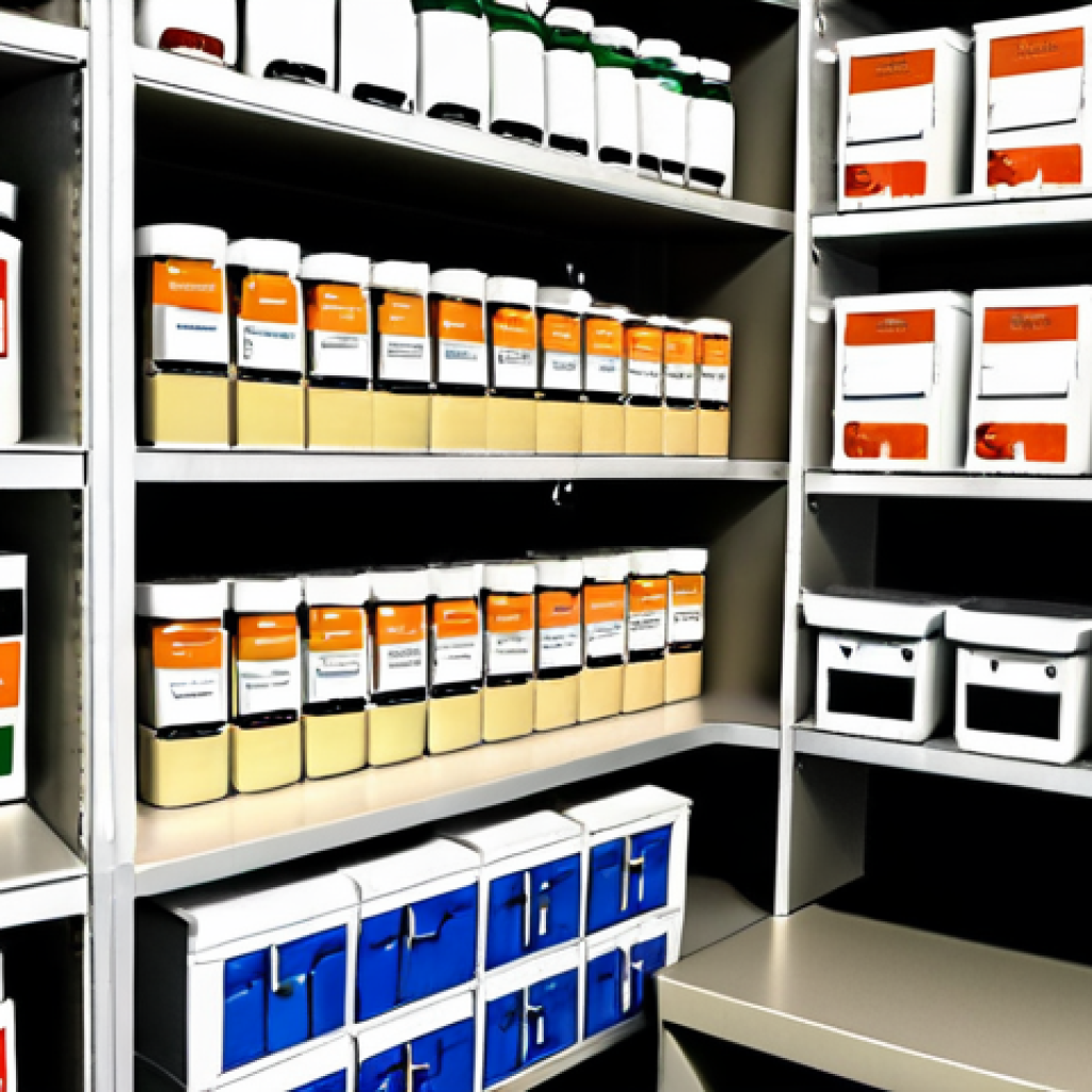 **Organized Pharmacy Workspace**: Create an image of a well-organized pharmacy workspace with adjustable shelves, clearly labeled sections, and a color-coded medication system. The environment should look clean and efficient, showcasing staff members happily working in a tidy space.