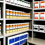 **Organized Pharmacy Workspace**: Create an image of a well-organized pharmacy workspace with adjustable shelves, clearly labeled sections, and a color-coded medication system. The environment should look clean and efficient, showcasing staff members happily working in a tidy space.