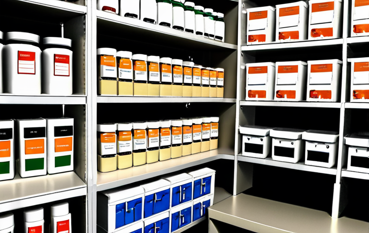 **Organized Pharmacy Workspace**: Create an image of a well-organized pharmacy workspace with adjustable shelves, clearly labeled sections, and a color-coded medication system. The environment should look clean and efficient, showcasing staff members happily working in a tidy space.