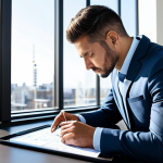 A focused male pharmacist in a modest business suit, sitting at a sleek, minimalist desk in a modern, sunlit office. He is reviewing architectural blueprints for a new pharmacy and financial projections on a tablet, symbolizing the strategic planning and financial pillars required for a new venture. The background shows a large window with a subtle, professional city view. The scene is clean, professional, and conveys thoughtful business preparation. fully clothed, appropriate attire, safe for work, appropriate content, professional, perfect anatomy, correct proportions, natural pose, well-formed hands, proper finger count, natural body proportions, high-resolution, professional photography, natural lighting, high quality.