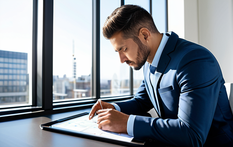 A focused male pharmacist in a modest business suit, sitting at a sleek, minimalist desk in a modern, sunlit office. He is reviewing architectural blueprints for a new pharmacy and financial projections on a tablet, symbolizing the strategic planning and financial pillars required for a new venture. The background shows a large window with a subtle, professional city view. The scene is clean, professional, and conveys thoughtful business preparation. fully clothed, appropriate attire, safe for work, appropriate content, professional, perfect anatomy, correct proportions, natural pose, well-formed hands, proper finger count, natural body proportions, high-resolution, professional photography, natural lighting, high quality.