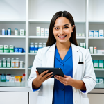 A professional female pharmacist in a modest, clean white coat and professional dress, standing confidently behind a modern pharmacy counter. She is looking at a transparent digital tablet displaying complex health data interfaces and patient records, with a slight, professional smile. In the background, the pharmacy is brightly lit with sleek, minimalist shelving and subtle digital displays. The overall atmosphere is one of technological advancement and trusted care.
    *   `safe for work, appropriate content, fully clothed, professional, modest, family-friendly, perfect anatomy, correct proportions, natural pose, well-formed hands, proper finger count, natural body proportions, professional photography, high resolution, detailed.`