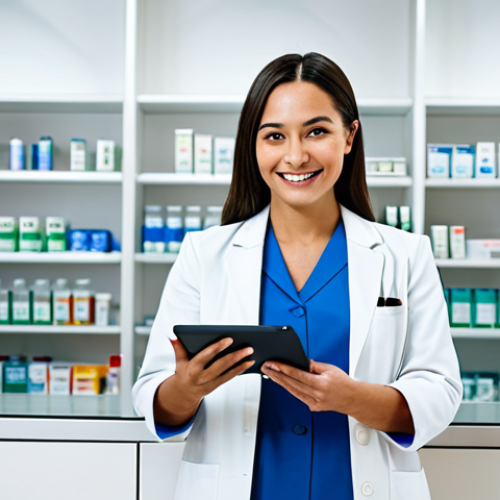 A professional female pharmacist in a modest, clean white coat and professional dress, standing confidently behind a modern pharmacy counter. She is looking at a transparent digital tablet displaying complex health data interfaces and patient records, with a slight, professional smile. In the background, the pharmacy is brightly lit with sleek, minimalist shelving and subtle digital displays. The overall atmosphere is one of technological advancement and trusted care.
    *   `safe for work, appropriate content, fully clothed, professional, modest, family-friendly, perfect anatomy, correct proportions, natural pose, well-formed hands, proper finger count, natural body proportions, professional photography, high resolution, detailed.`