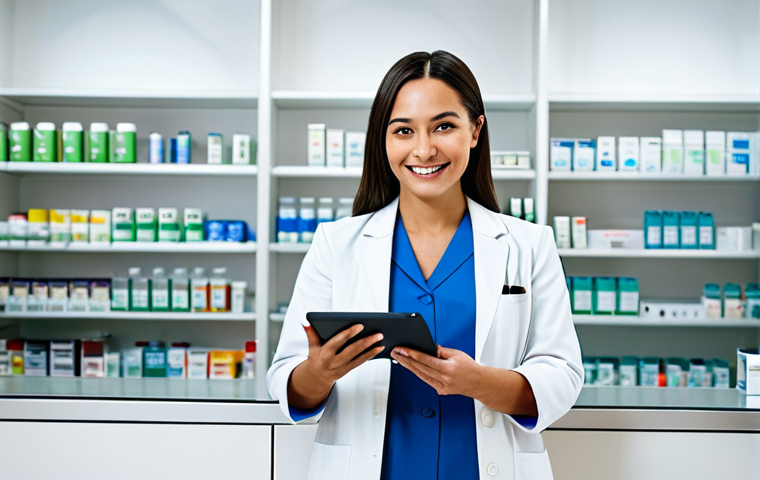 A professional female pharmacist in a modest, clean white coat and professional dress, standing confidently behind a modern pharmacy counter. She is looking at a transparent digital tablet displaying complex health data interfaces and patient records, with a slight, professional smile. In the background, the pharmacy is brightly lit with sleek, minimalist shelving and subtle digital displays. The overall atmosphere is one of technological advancement and trusted care.
* `safe for work, appropriate content, fully clothed, professional, modest, family-friendly, perfect anatomy, correct proportions, natural pose, well-formed hands, proper finger count, natural body proportions, professional photography, high resolution, detailed.`