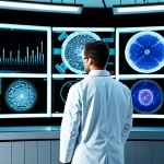 A male pharmacist, fully clothed in a professional lab coat over a collared shirt, stands in a sophisticated, high-tech pharmaceutical research lab. He is intently viewing a large, transparent holographic display showing intricate 3D molecular structures and complex AI-generated data visualizations. The background features advanced lab equipment and soft, futuristic lighting, emphasizing innovation in drug discovery. The pose is natural, focused, and professional. safe for work, appropriate content, fully clothed, professional, perfect anatomy, correct proportions, natural pose, well-formed hands, proper finger count, natural body proportions, professional photography, cinematic lighting, ultra-detailed, high quality.