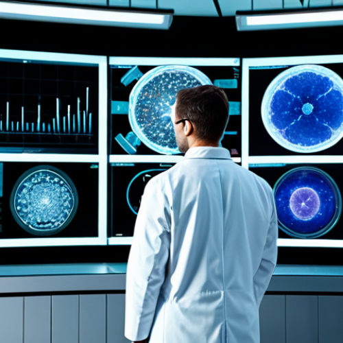 A male pharmacist, fully clothed in a professional lab coat over a collared shirt, stands in a sophisticated, high-tech pharmaceutical research lab. He is intently viewing a large, transparent holographic display showing intricate 3D molecular structures and complex AI-generated data visualizations. The background features advanced lab equipment and soft, futuristic lighting, emphasizing innovation in drug discovery. The pose is natural, focused, and professional. safe for work, appropriate content, fully clothed, professional, perfect anatomy, correct proportions, natural pose, well-formed hands, proper finger count, natural body proportions, professional photography, cinematic lighting, ultra-detailed, high quality.