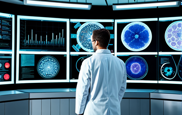 A male pharmacist, fully clothed in a professional lab coat over a collared shirt, stands in a sophisticated, high-tech pharmaceutical research lab. He is intently viewing a large, transparent holographic display showing intricate 3D molecular structures and complex AI-generated data visualizations. The background features advanced lab equipment and soft, futuristic lighting, emphasizing innovation in drug discovery. The pose is natural, focused, and professional. safe for work, appropriate content, fully clothed, professional, perfect anatomy, correct proportions, natural pose, well-formed hands, proper finger count, natural body proportions, professional photography, cinematic lighting, ultra-detailed, high quality.