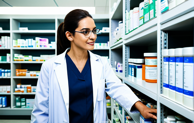 **
"A friendly pharmacist in a modern, well-lit pharmacy, fully clothed in a professional lab coat, reviewing data on a computer screen showing medication interactions. The background features shelves stocked with neatly arranged medications. Focus on conveying trust and expertise. Safe for work, appropriate content, fully clothed, professional, perfect anatomy, natural proportions, high quality."
**