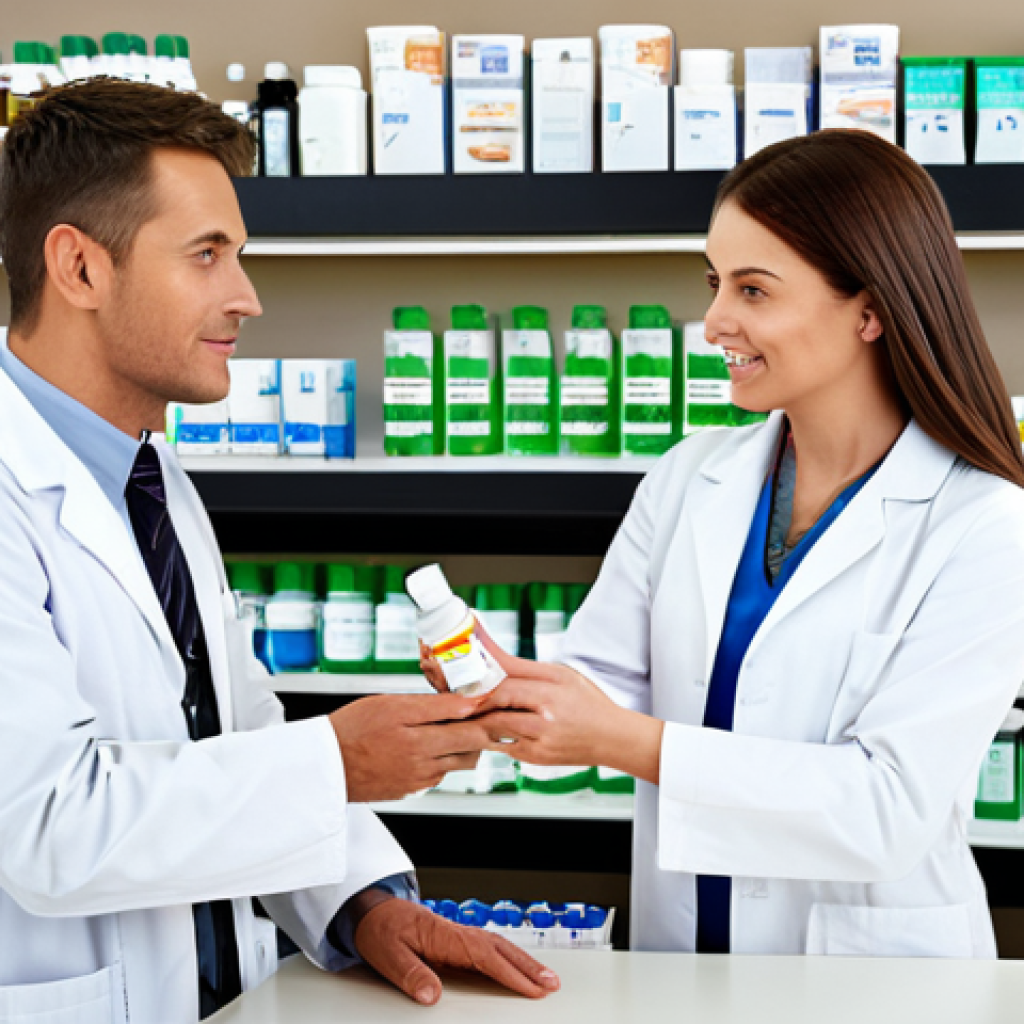 Pharmacy Setting**
"A pharmacist in a fully clothed lab coat, assisting a customer at the dispensary counter in a bright and clean pharmacy, shelves stocked with medication in the background, appropriate attire, safe for work, professional setting, perfect anatomy, correct proportions, well-formed hands, natural pose, high quality, family-friendly."
**