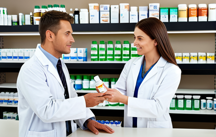 Pharmacy Setting**

"A pharmacist in a fully clothed lab coat, assisting a customer at the dispensary counter in a bright and clean pharmacy, shelves stocked with medication in the background, appropriate attire, safe for work, professional setting, perfect anatomy, correct proportions, well-formed hands, natural pose, high quality, family-friendly."

**