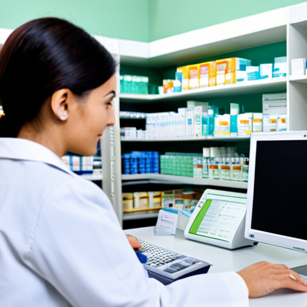 Modern Pharmacy Management**

"A bright, modern pharmacy interior, featuring a pharmacist in professional attire assisting a customer. The scene includes a computer displaying pharmacy management software with clear, easy-to-read data. Shelves are neatly stocked with various healthcare products, all appropriately labeled. Focus on efficiency and organization. Safe for work, appropriate content, fully clothed, professional, perfect anatomy, natural proportions, high quality."

**