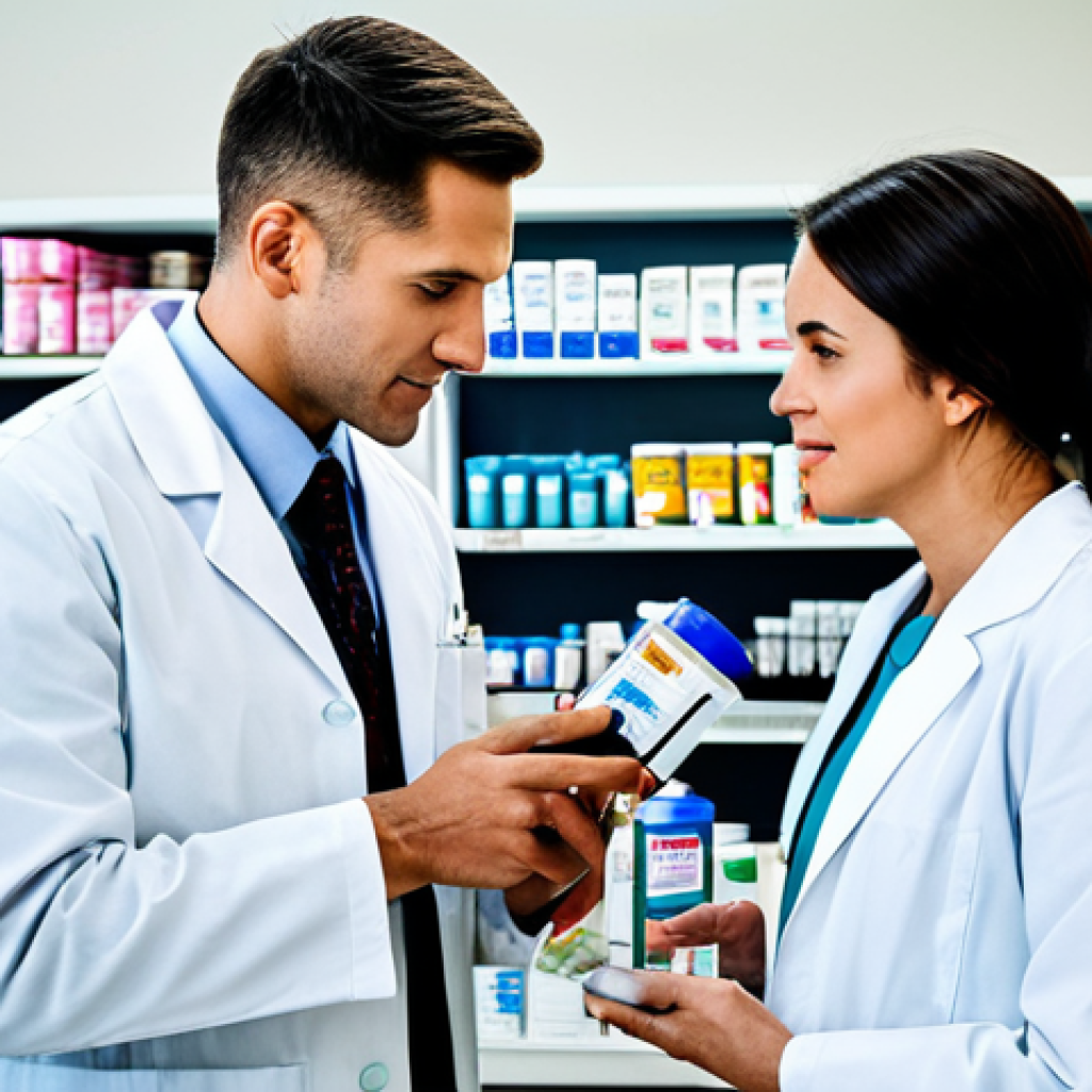 **
"A pharmacist, fully clothed in a professional lab coat, assisting a customer in a bright, modern pharmacy setting. Shelves stocked with over-the-counter medications and health products in the background. Appropriate attire, safe for work, perfect anatomy, natural pose, professional photography, high quality, modest, family-friendly."
**