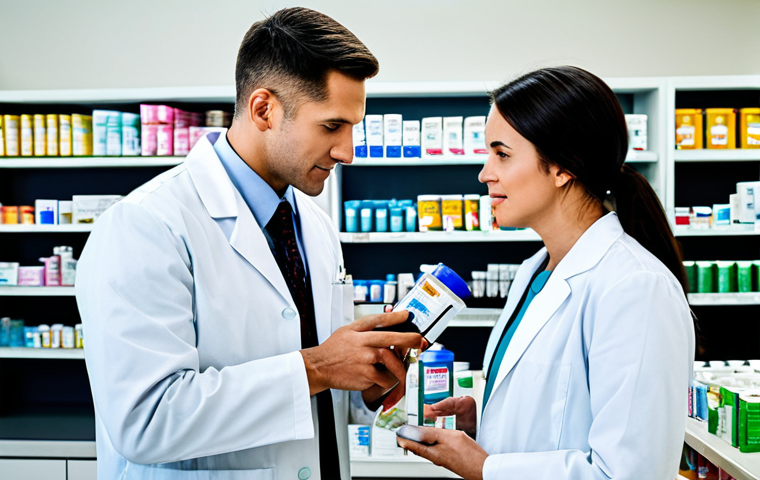 **
"A pharmacist, fully clothed in a professional lab coat, assisting a customer in a bright, modern pharmacy setting. Shelves stocked with over-the-counter medications and health products in the background. Appropriate attire, safe for work, perfect anatomy, natural pose, professional photography, high quality, modest, family-friendly."
**