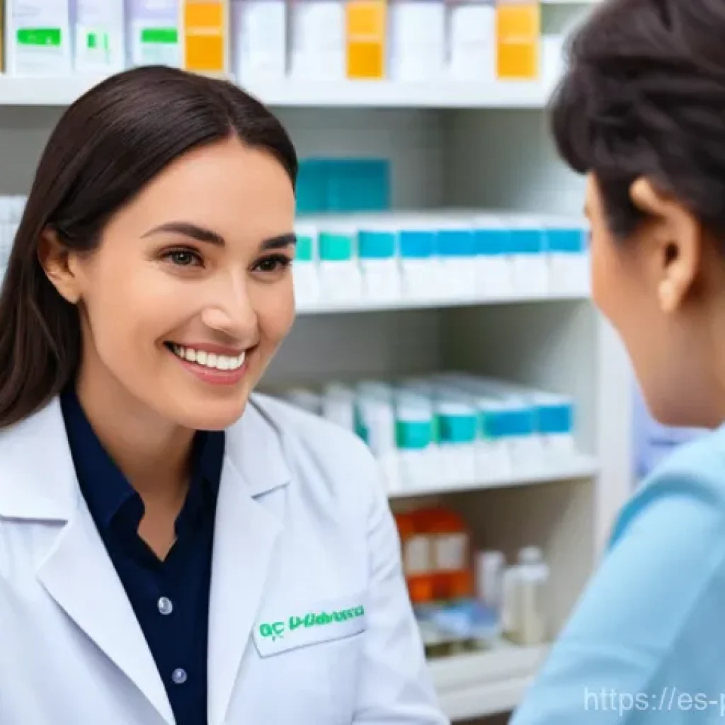 약사 약국 운영 트렌드 - **Prompt:** A compassionate female pharmacist, in her late 30s with a warm smile, wearing a modern, ...