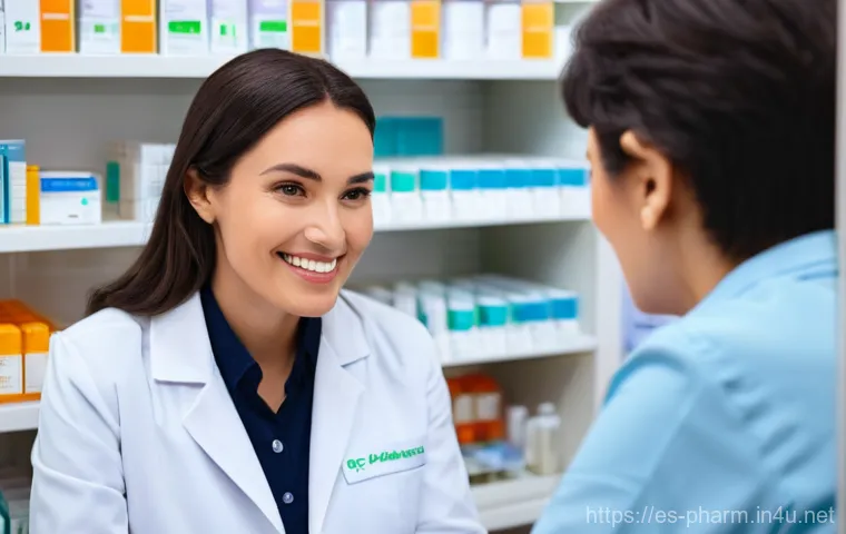 약사 약국 운영 트렌드 - **Prompt:** A compassionate female pharmacist, in her late 30s with a warm smile, wearing a modern, ...