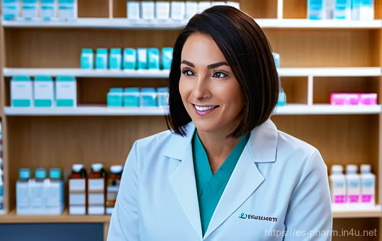 약사 약국 운영 트렌드 - **Prompt:** A compassionate female pharmacist, in her late 30s with a warm smile, wearing a modern, ...