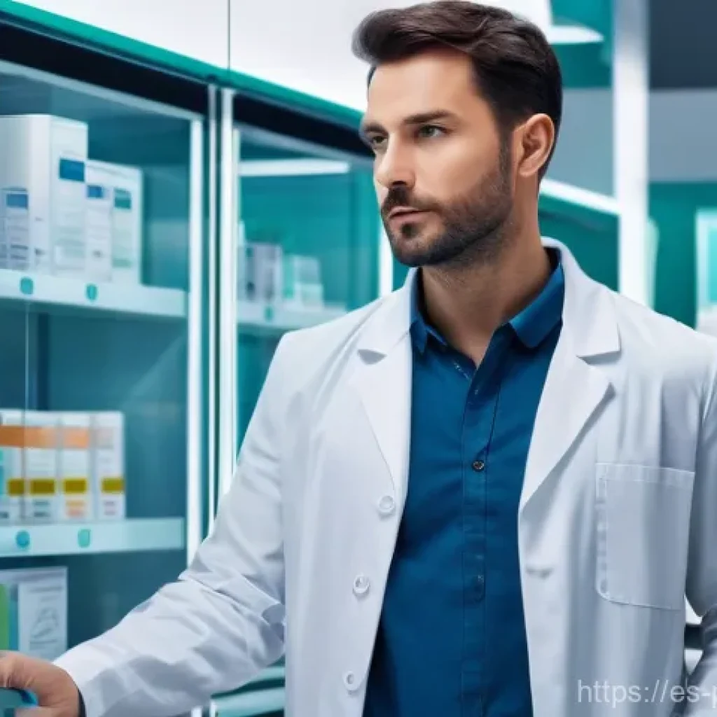 약사 약물 정보 업데이트 팁 - **A highly detailed, realistic image of a modern, well-lit pharmacy interior at dusk.** A male pharm...