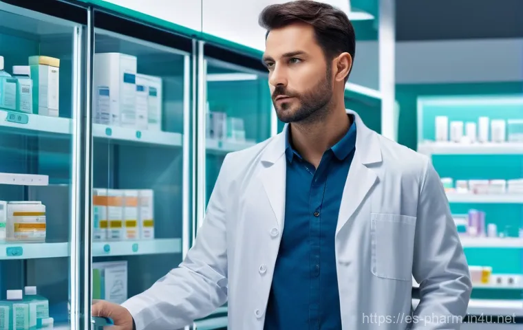 약사 약물 정보 업데이트 팁 - **A highly detailed, realistic image of a modern, well-lit pharmacy interior at dusk.** A male pharm...