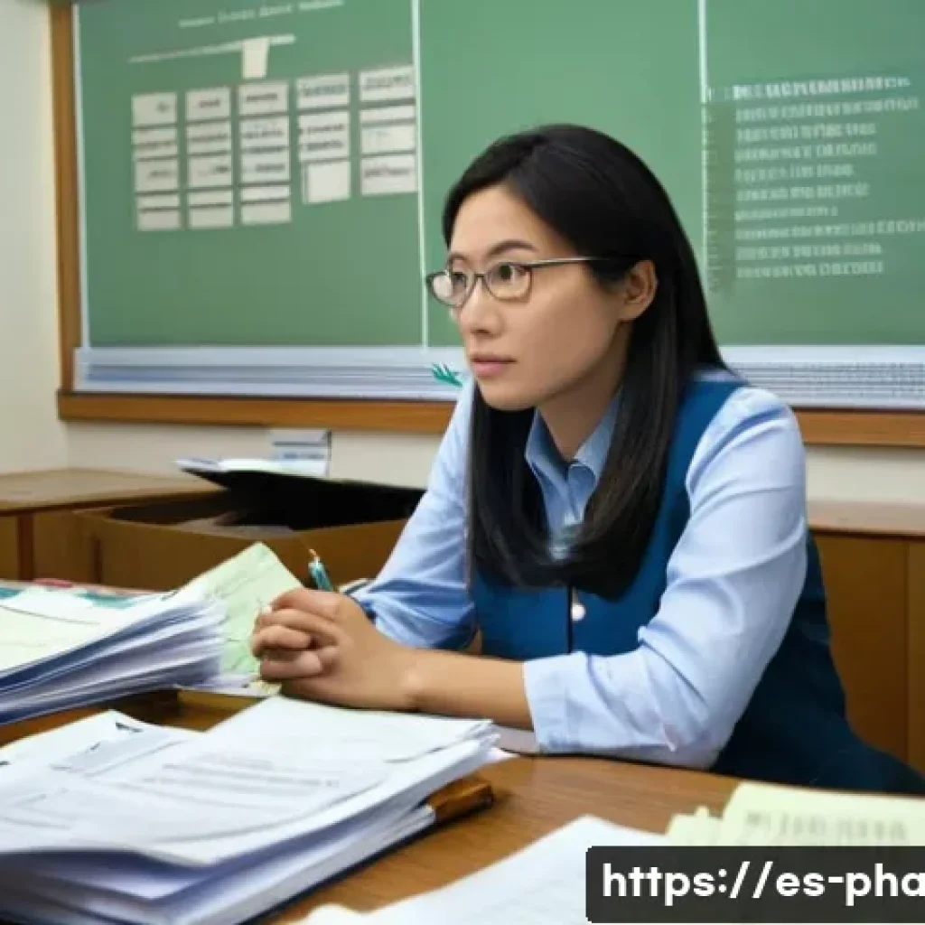 약사 외국 약사와의 비교 - **Prompt:** A determined female pharmacist, with a thoughtful expression, sits at a desk overflowing...
