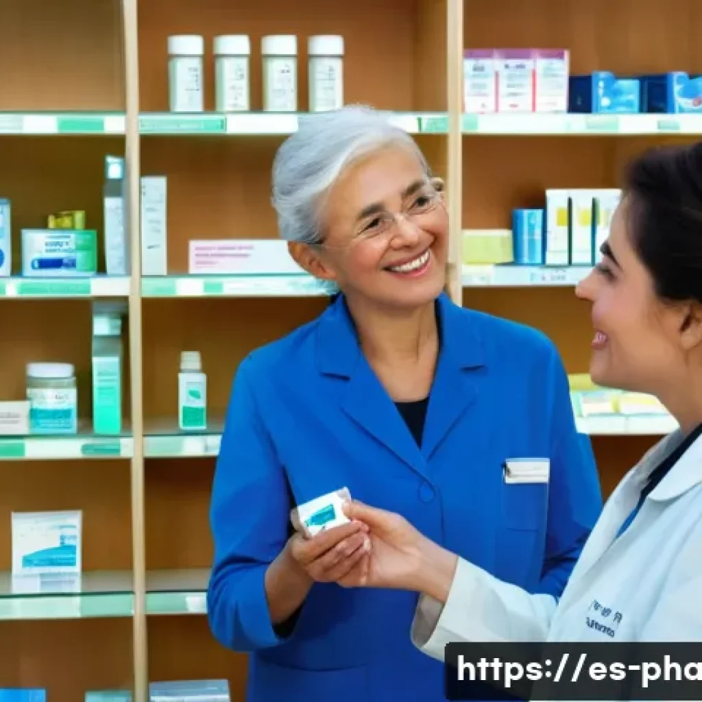 약사와 공중보건 약사의 차이 - A warm, inviting scene inside a modern, well-lit community pharmacy in a vibrant Spanish neighborhoo...