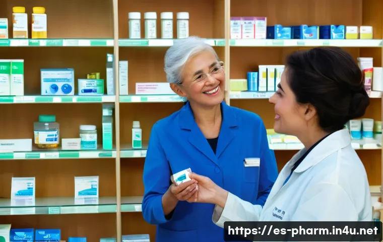 약사와 공중보건 약사의 차이 - A warm, inviting scene inside a modern, well-lit community pharmacy in a vibrant Spanish neighborhoo...