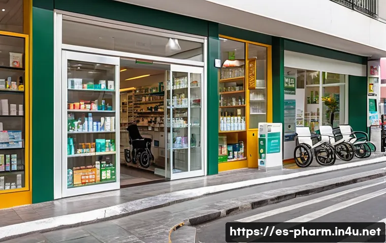 약사 약국 창업 성공 전략 - A modern pharmacy storefront located in a busy urban area in Mexico City, with clear signage in Span...
