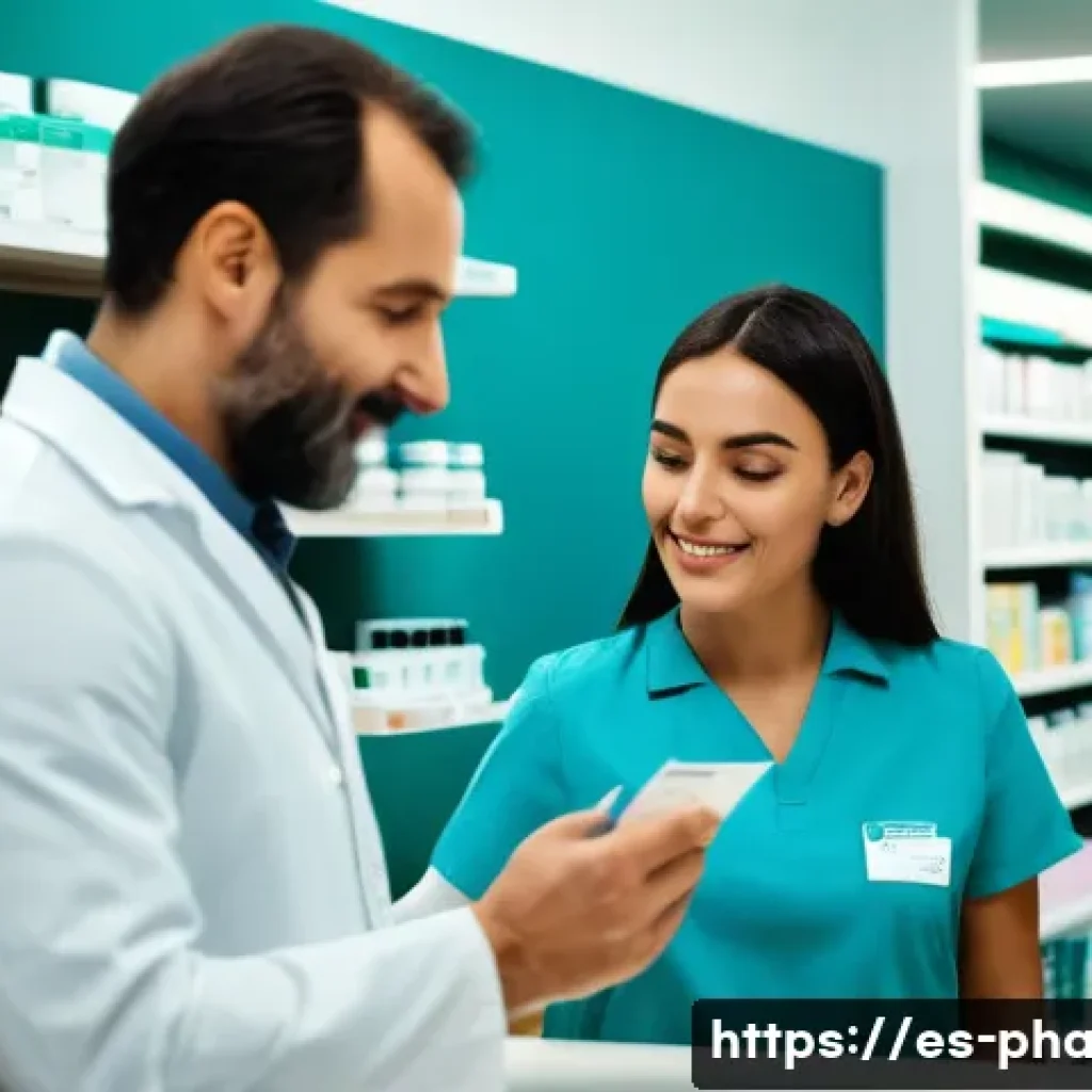 약사 약국 내 문제 해결 능력 키우기 - A bright, modern pharmacy interior in Spain with a diverse team of pharmacists and assistants active...
