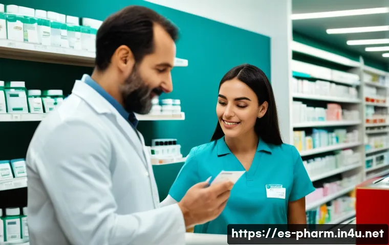 약사 약국 내 문제 해결 능력 키우기 - A bright, modern pharmacy interior in Spain with a diverse team of pharmacists and assistants active...