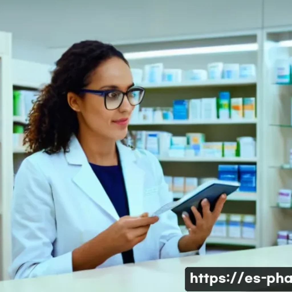 약사와 소비자 신뢰 구축 방법 - A warm and modern community pharmacy interior in Spain, featuring a friendly pharmacist attentively ...