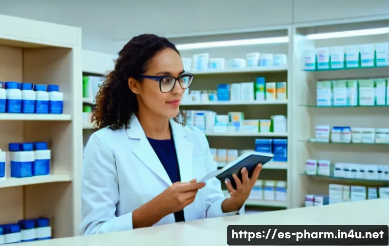 약사와 소비자 신뢰 구축 방법 - A warm and modern community pharmacy interior in Spain, featuring a friendly pharmacist attentively ...