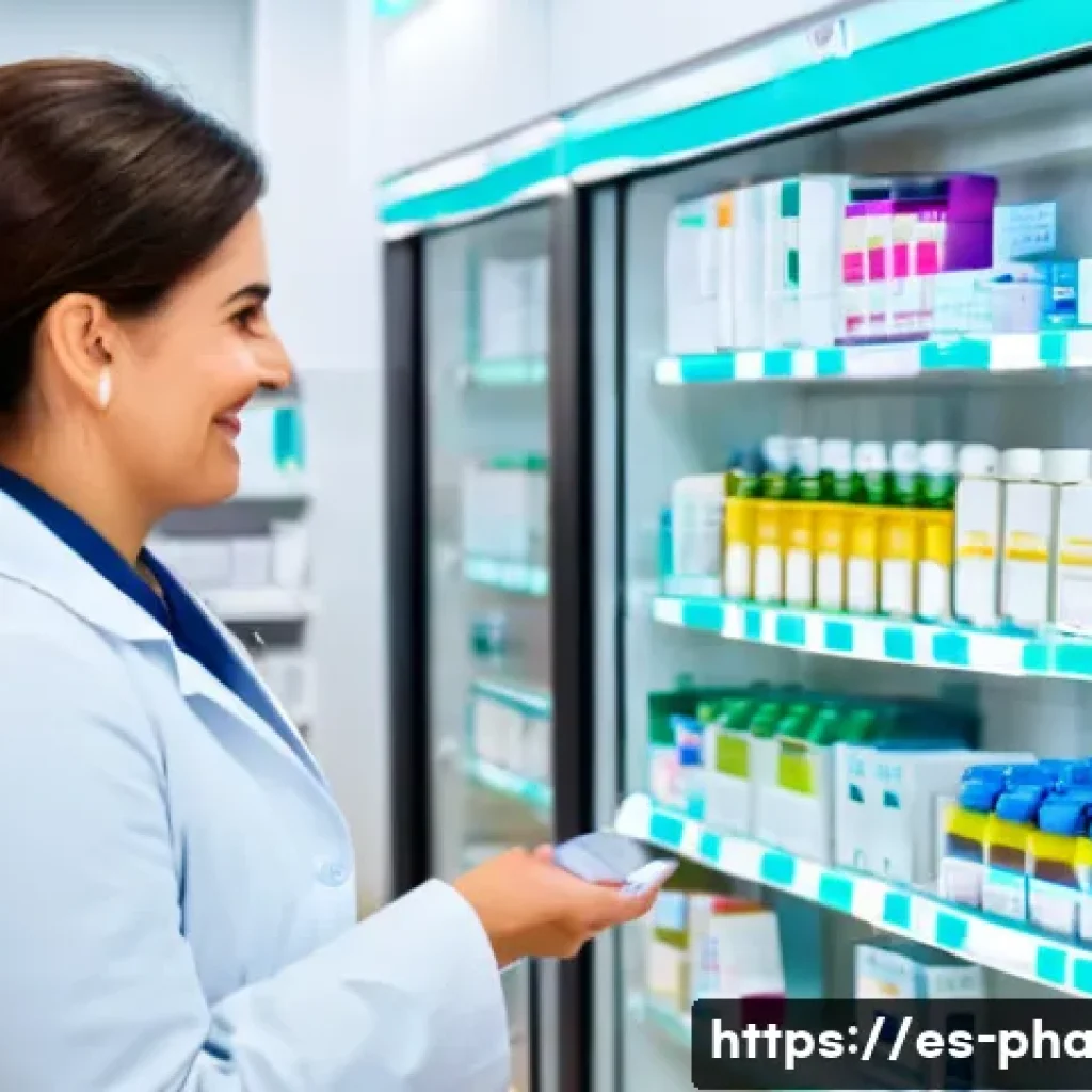 약사 직업에서의 성장 가능성 - A modern community pharmacy interior in Spain showcasing advanced automated dispensing machines with...