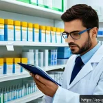 약사 자격 유지 조건 및 갱신 방법 - A professional Spanish pharmacist in a modern pharmacy setting, reviewing official documents for lic...