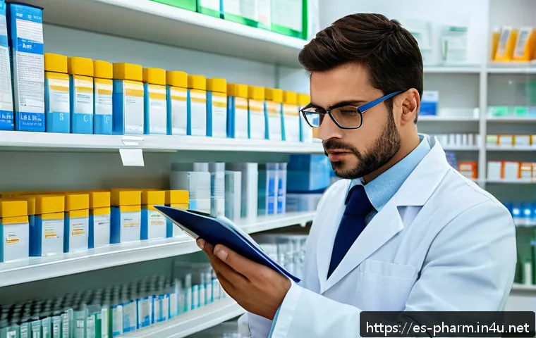 약사 자격 유지 조건 및 갱신 방법 - A professional Spanish pharmacist in a modern pharmacy setting, reviewing official documents for lic...