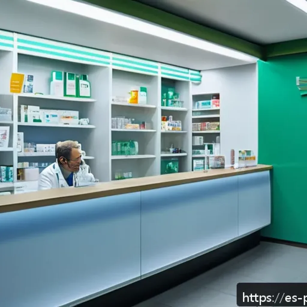 약사와 환자 프라이버시 보호 사례 - A modern Spanish pharmacy interior showcasing a well-designed private consultation area separated fr...