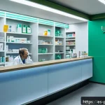 약사와 환자 프라이버시 보호 사례 - A modern Spanish pharmacy interior showcasing a well-designed private consultation area separated fr...