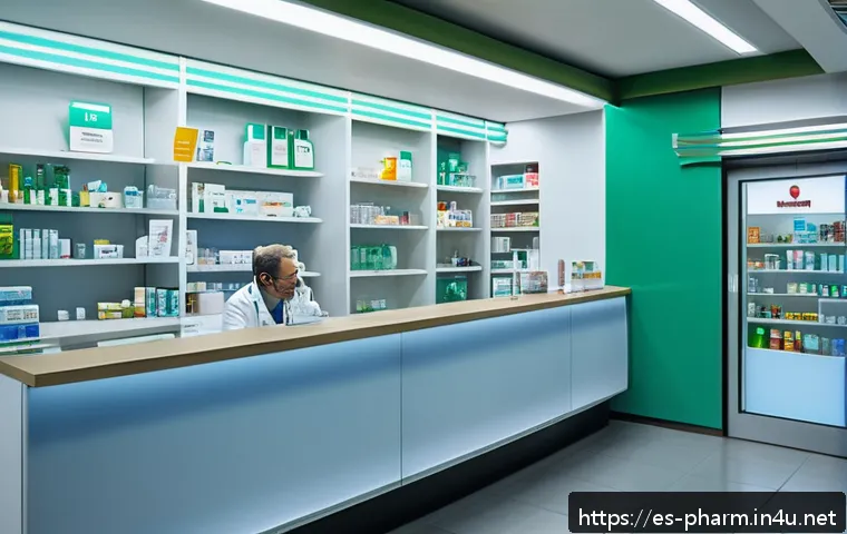 약사와 환자 프라이버시 보호 사례 - A modern Spanish pharmacy interior showcasing a well-designed private consultation area separated fr...