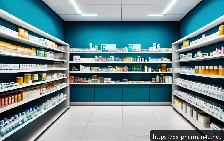 약사 약국 창업 초기 비용 절감 팁 - A modern, small neighborhood pharmacy interior in Spain with a well-organized inventory