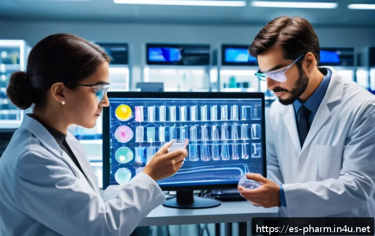 약사 약물 연구의 최신 이슈 - A futuristic laboratory scene showcasing scientists from diverse backgrounds&mdash;biologists, chemists, a...