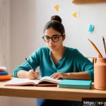 약사 국가고시 자격취득 가이드 - A focused young adult Hispanic woman studying at a tidy desk in a bright, cozy room with Spanish cul...
