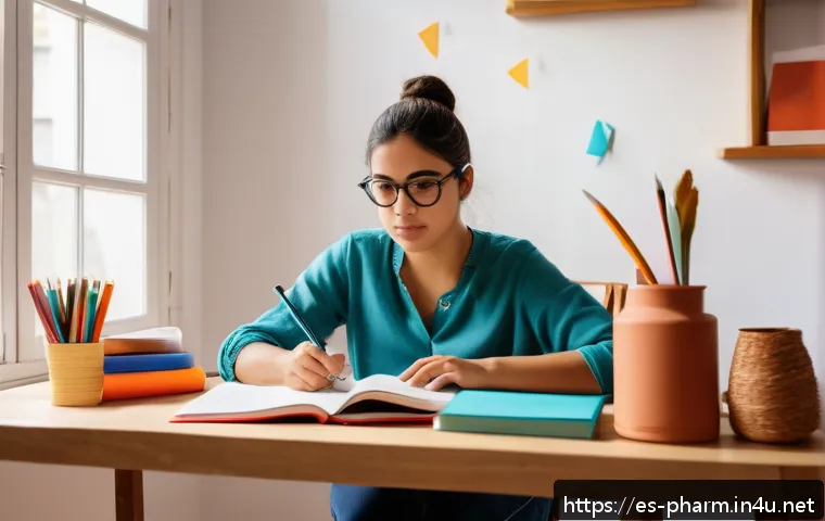 약사 국가고시 자격취득 가이드 - A focused young adult Hispanic woman studying at a tidy desk in a bright, cozy room with Spanish cul...
