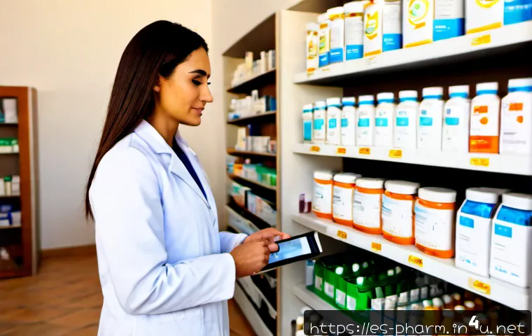 약사 직무와 최신 약물 정책 - Photorealistic Spanish community pharmacy scene, a professional pharmacist in a clean white coat cal...