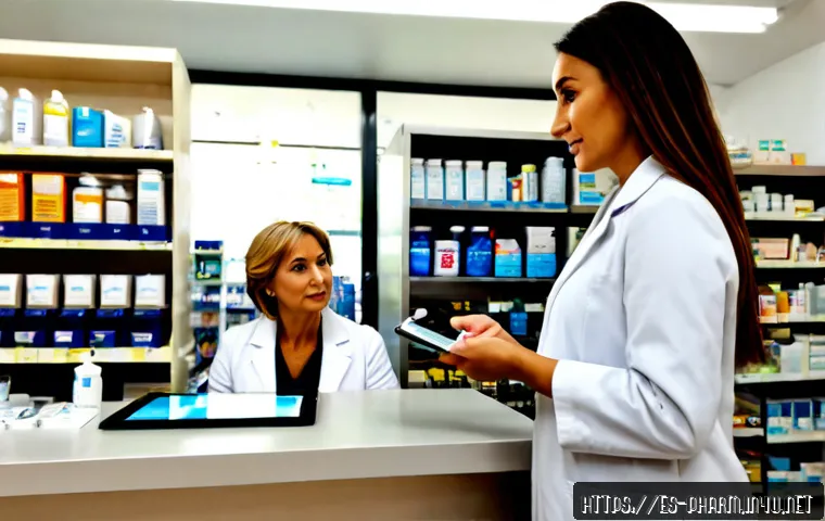 Home 13 약사와 AI 기술의 융합 사례 - Photorealistic Spanish community pharmacy interior, friendly middle-aged pharmacist in a white coat ...