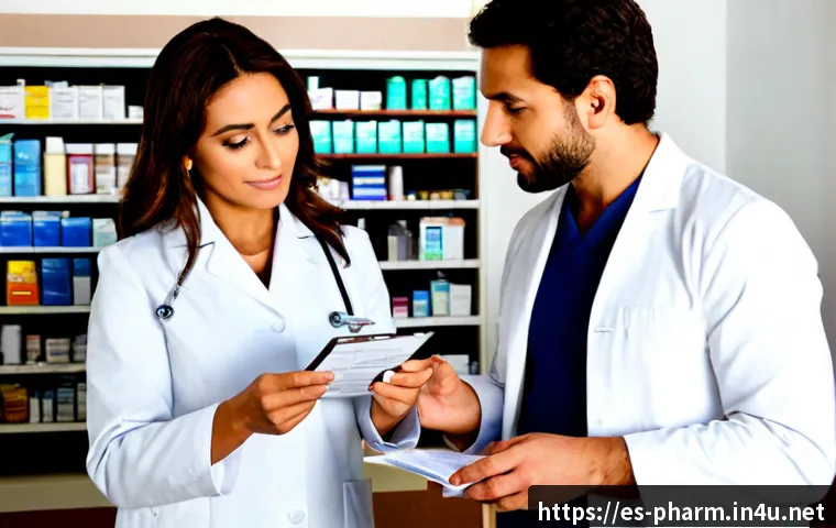 약사 직무와 윤리 - Photorealistic Spanish community pharmacy interior, ethical pharmacist in a clean white coat careful...