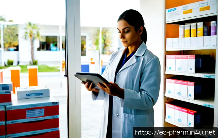약사 약물 정보 업데이트 프로세스 - Photorealistic Spanish community pharmacist in a clean modern pharmacy, reviewing medicine informati...