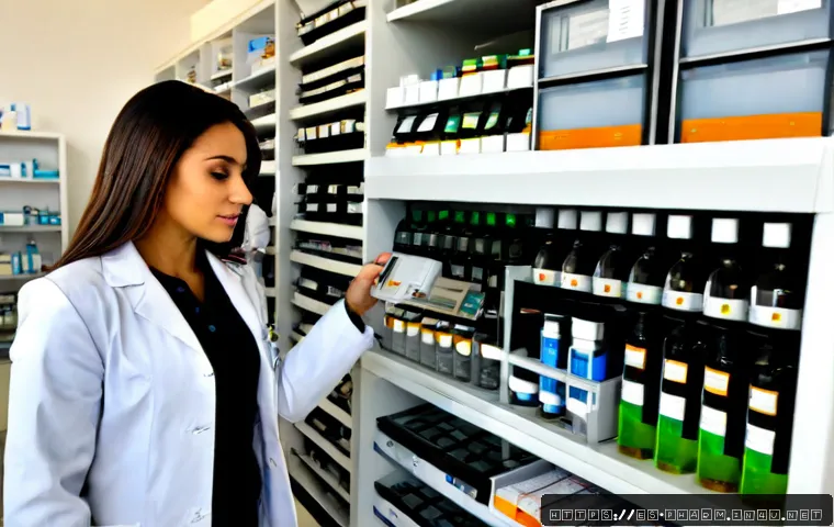 약사 약국 내 약물 관리 자동화 - Photorealistic modern community pharmacy in Spain, a Hispanic pharmacist in a clean white coat monit...