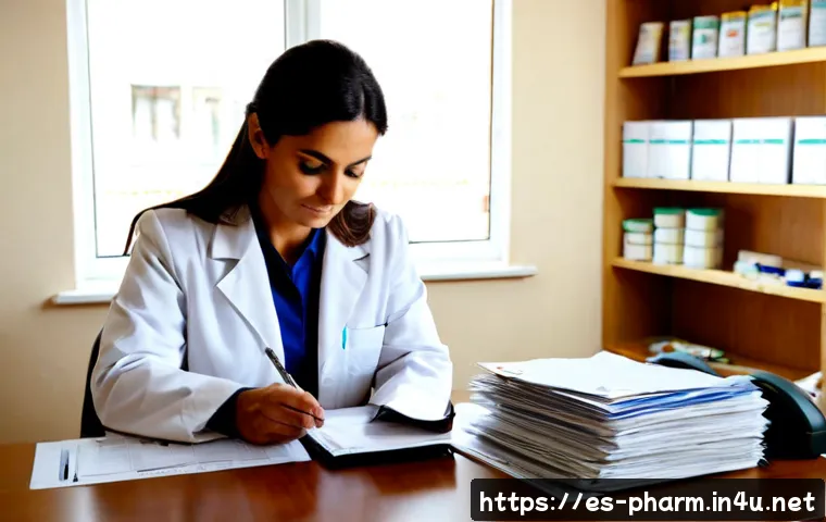 약사 약국 운영에 필요한 서류들 - Photorealistic Spanish community pharmacy office, a middle-aged pharmacist in a clean white coat org...